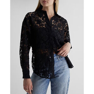 Express Lace Boyfriend Portofino Shirt Sz S Black Sheer Sexy Evening Long Slv